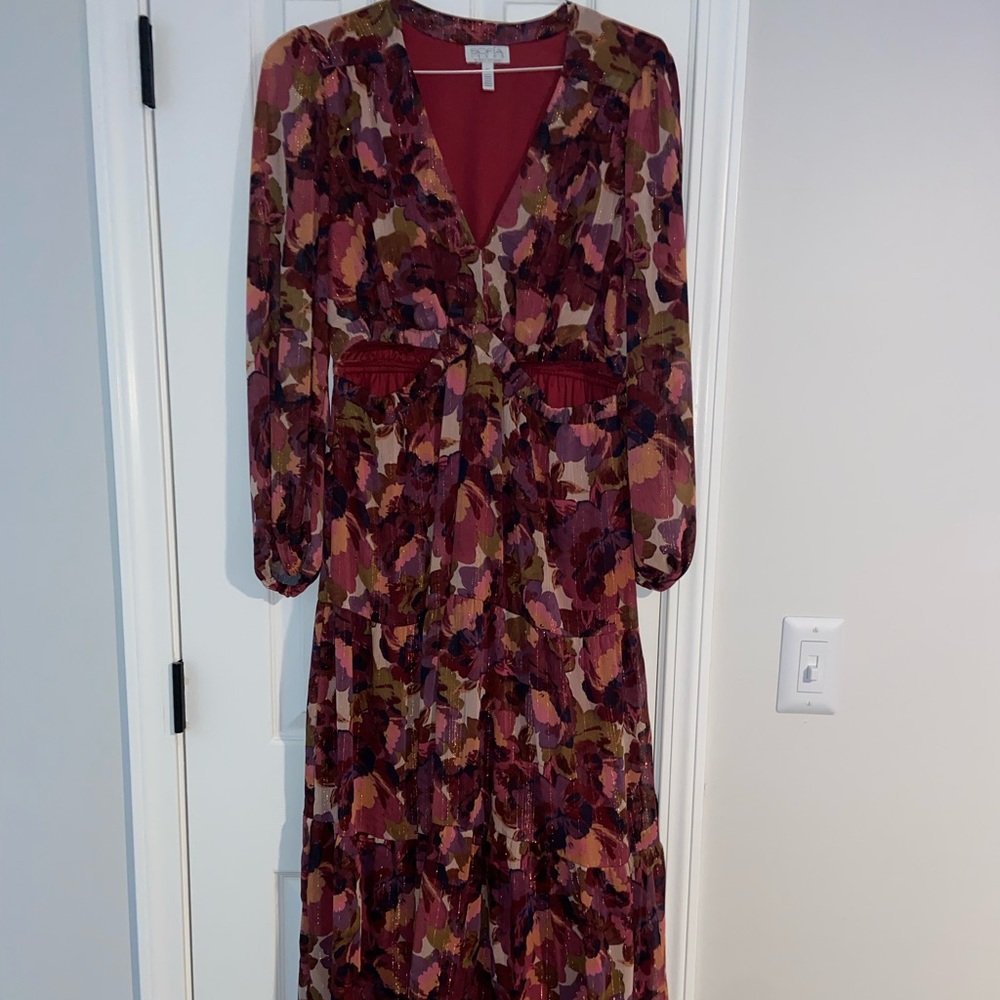 Long purple/reddish maxi dress.